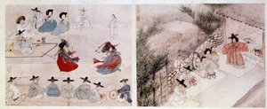 Art Coreen: naisten taistelukohtaus jokapäiväisessä elämässä. Sin Yun Bokin vedokset (tai Hyewon teki vuonna 1758). 18. tai 19. vuosisadalla. Hyung Pil Chun -kokoelma tekijältä Yun bok Sin