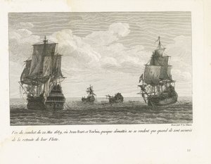 Einde van het gevecht van Jan Bart op 22 mei, 1689 Taistelun päättyminen 22. toukokuuta 1689, jossa Jean-Bart ja Forbin, vaikka naamioituneetkin, antautuvat vasta, kun he ovat varmoja laivastonsa vetäytymisestä (nimi esineessä) Kokoelma Es:n päällikön Jean