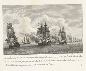 Jan Bart hervert graanschepen Hollands Eskaderissa, 1694 29. kesäkuuta 1694 Jean-Bart tapasi laivaston, joka oli lastattu viljalla Ranskaan (...) ja otti haltuunsa kaiken laivaston, jonka hän toi takaisin Ranskaan (nimi esineessä) Kokoelma Jean-Bartin tais tekijältä Yves Marie Le Gouaz