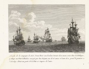 Jan Bart valt Hollandse schepen in de Baltische zee aan, 1675 Vuoden 1675 kampanjan lopussa Jean-Bart samalla 10 aseen Corsairilla, risteilyt Itämerellä, hyökkää siellä hollantilaista laivastoa vastaan ​​(...) (otsikko esineessä) Kokoelma Jean-Barin taiste
