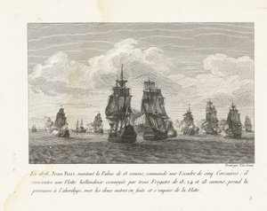Jan Bart valt tapasi zijn eskader een Hollandse vloot aan, 1676 Vuonna 1676 Jean Bart nousi 18-tykkiseen Palmeen ja johti viiden Corsairin laivuetta (...) (otsikko esineessä) Kokoelma Jean-Bartin, Louis XIV:n laivueen komentajan taisteluista (sarjan nimi)