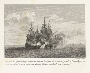 Jan Bart verovert een Hollands fregat, 1677 Syyskuussa 1677 Jean-Bart nousi 18-tykkiseen Palme nousi 36-tykkiseen hollantilaiseen alukseen, jonka saattueessa oli useita kauppalaivoja (nimi esineessä) taistelujen kokoelma