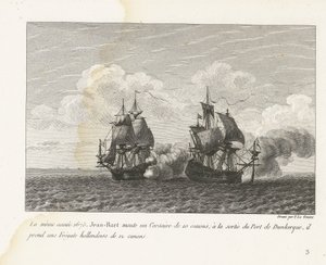 Jan Bart verovert een Hollands fregat bij Duinkerke, 1675 Samana vuonna 1675 Jean-Bart asensi 10-tykkisen Corsairin; Dunkerquen sataman uloskäynnissä hän ottaa hollantilaisen fregatin, jossa on 12 aseen (nimi esineessä) Kokoelma Jean-Bartin taisteluista, c