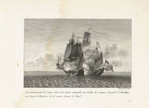 Jan Bart verovert een Hollands fregat bij Texel, 1675 Vuoden 1675 alussa Jean-Bart komentaa 2-tykistä Galiotetta: hän nousi hollantilaiseen 18-tykiseen fregattiin Texelin edessä (nimi esineessä) Kokoelma Jean-B:n taisteluita