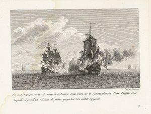 Jan Bart verovert een espanjalainen schip tapasi 350 sotilasta aan bord, 1683 Vuonna 1683 Espanja julisti sodan Ranskalle, Jean-Bart johti fregattia, jolla hän otti sotalaivan, joka kuljetti 350 espanjalaista sotilasta (otsikko objessa