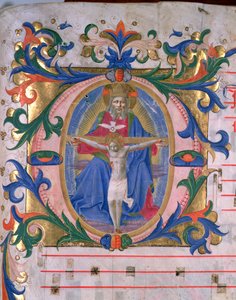 Ms 523 f.166r Historioitu alkukirjain "O" kolminaisuuden kanssa, messaalista, n. 1446-60 (vellum)