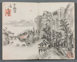 Pienoisalbumi hahmoilla ja maisemalla (Cliff Landscape with Bridge)