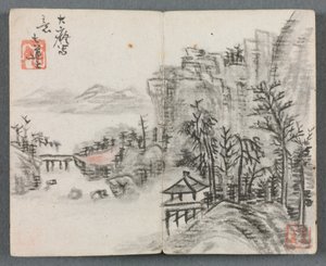 Pienoisalbumi hahmoilla ja maisema Cliff Landscape with Bridge, 1822.
