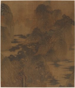 Maisema: vuoristorotko, sumu, puro ja rakennuksia, Ming-dynastia, 1600-luku. tekijältä Zhang Hong