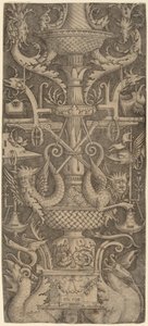 Ornamenttipaneeli lohikäärmeillä, naamioilla ja sotavälineillä, c. 1505.