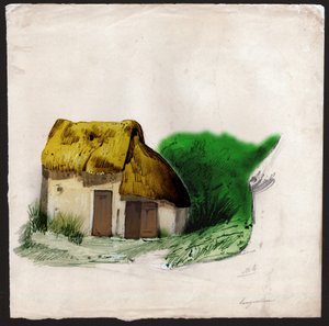 Olkikattoinen mökki Ranskan keskustassa. noin 1830 (kuva) tekijältä . .