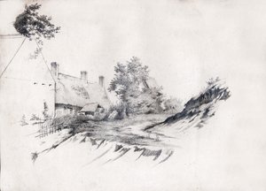 Olkikattoinen maalaistalo Keski-Ranskassa. noin 1850 (piirustus) tekijältä . .