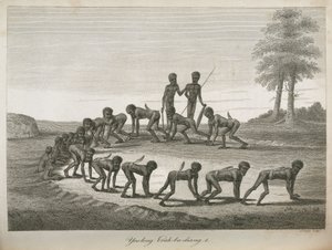Aboriginaalit miehet matkivat koiria, Australia tekijältä Frederick (attr. to) Barnard