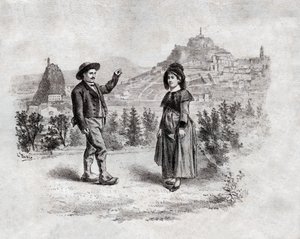 Auvergnats tanssimassa täytettä Puy en Velayssa, Ranskassa. noin 1900 (kaiverrus) tekijältä . .