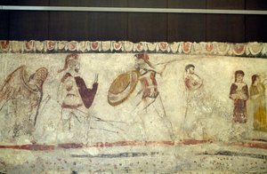Taistelukohtaus kahden soturin välillä, fresko Andriuolo-Laghetton Nekropolista Paestumissa, Campaniassa, Italiassa, antiikin kreikkalainen sivilisaatio, Magna Graecia, 4. vuosisadalla eKr. (kuva)
