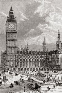 Big Ben ja parlamenttitalo Lontoossa, Englannissa, nähty täällä 1800-luvulla. tekijältä . .