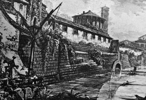 Cloaca Maxima (vanha viemärijärjestelmä) ja Vestan tai Hercules Victorin temppeli, kaiverrus Giovanni Battista Piranesi (1720-1778), Italia
