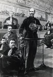 Komentaja Charles Walsin-Esterhazyn laskeutuminen Emile Zolan oikeudenkäynnin aikana tekijältä Georg Carl Heinrich Dollmann