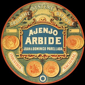 Argentiinalaisen absinttimerkin Ajenjo Arbide etiketti tekijältä Frederick (attr. to) Barnard
