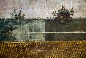 Kukkamaljakko, yksityiskohta freskosta, joka kuvaa puutarhaa hedelmäpuiden ja lintujen kera, Livian talosta Palatine-kukkulalla, Rooma, Italia. Roomalainen sivilisaatio tekijältä Georg Carl Heinrich Dollmann