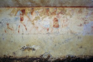 Hautajaiskulkue tanssijoiden ja muusikoiden kanssa, fresko, Sinisten demonien hauta, Tarquinian nekropolis (UNESCOn maailmanperintöluettelo, 2004), Lazio, Italia Etruskien sivilisaatio, 5. vuosisata eKr. tekijältä Georg Carl Heinrich Dollmann