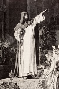 Girolamo Savonarola (1452 1498), italialainen dominikaaninen pastori, joka saarnasi moraalittomuutta ja syntiin houkuttelevaa ylellisyyttä vastaan, De Langemantelsin teoksen "El Mundo Ilustradosta", julkaistu Barcelonassa, noin 1880 jälkeen. tekijältä Ferdinand Georg Waldmuller