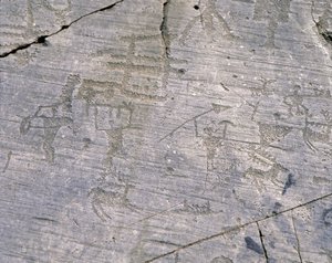 Italia, Lombardia, Brescian maakunta, Valcamonica, Naquanen kivikaiverrusten kansallispuisto, kamunialaiset kalliokaiverrukset