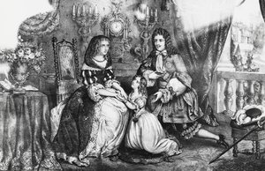 Kuningas Ludvig XIV ja hänen tyttärensä pyytävät herttuatar Louise de La Vallierea, ettei hän vetäytyisi luostariin