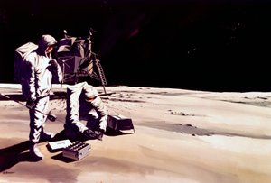 Miehitetty avaruuslento, USA, Apollo, General Artistin vaikutelma Kuussa työskentelevistä astronauteista tekijältä Ferdinand Georg Waldmuller