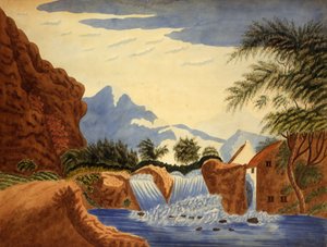 Vuorikohtaus ja vesipyörä, n. 1820-1870 (akvarelli paperille) tekijältä . .