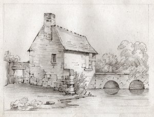 Talonpoikatalo joen rannalla. noin 1830 (kuva) tekijältä . .