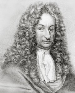 Gottfried Wilhelm von Leibnizin (1646-1716), saksalaisen matemaatikon, filosofin ja tiedemiehen muotokuva, kaiverrus
