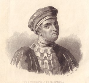 Italian sotilasjohtajan Francesco da Bussonen muotokuva, joka tunnetaan myös nimellä Carmagnola (1380-1432), E Silvestrin kuparikaiverrus maalauksesta tekijältä William Walcutt
