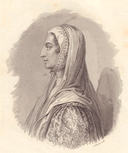 Italian aatelisnaisen Beatrice Lascaris di Tendan (1372-1418) muotokuva, G Fusinatin kuparikaiverrus Antonio Campon julkaisemasta muotokuvasta tekijältä William Walcutt