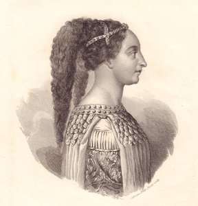 Italian aatelisnaisen Isotta degli Attin (noin 1432-1474) muotokuva, Caterina Piotti-Pirolan kuparikaiverrus tekijältä William Walcutt