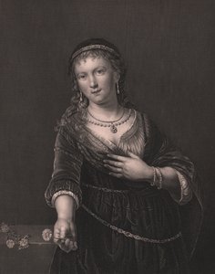 Muotokuva Saskia van Uylenburghista (1612-1642), Rembrandtin vaimo, kaiverrus Daniel John Pound Rembrandtin maalauksesta, Paynen kuninkaallisesta Dresdenin galleriasta, Albert Henry Payne, H Payne Dresden ja Leipzig Publisher, noin 1840 tekijältä William Walcutt