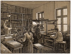 Kirjapaino Budapestissa, Unkarissa: kirjojen viimeistely ja valmistelu. Naisten töitä. noin 1910 (kuva) tekijältä . .