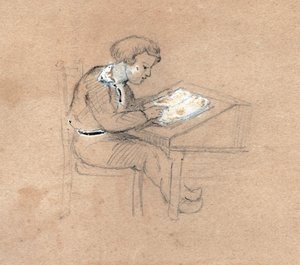 Koulupoika töissä pöydällään. noin 1830 (kuva) tekijältä . .