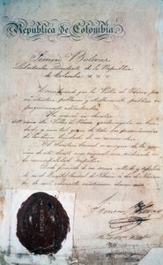 Laki, jolla Simon Bolivar julisti San Miguel de Ibarran kaupungin, ympäröivän maakunnan pääkaupungin, tuolloin osaksi Suur-Kolumbiaa (nykyään Ecuador), 2. marraskuuta tekijältä Georg Carl Heinrich Dollmann