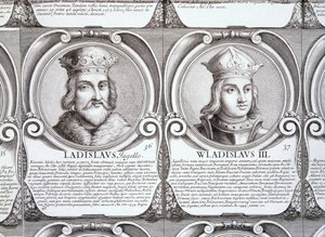 Wladyslaw II Jagiello ja Wladyslaw III Warnenczyk, no. 36 ja 37 sarjasta "Series Chronologica Ducum et Regum Polonorum" (kaiverrus) tekijältä . .