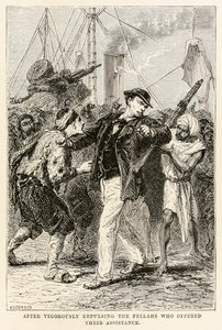 Kun hän on torjunut tarmokkaasti apuaan tarjonneet kaverit, Jules Vernen (1828-1905) teoksesta Maailman ympäri kahdeksassakymmenessä päivässä, Henri-Théophile Hildebrandin (1824-1897) kaiverrus 1873 (kaiverrus).