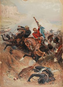 Luutnantit Melville ja Coghill pelastamassa sotaväriä, zulusota 1879, 1881 (kromoliittikuvaus)