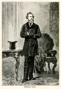 Phileas Fogg, Jules Vernen (1828-1905) teoksesta Maailman ympäri kahdeksassakymmenessä päivässä, kaiverrus Louis Dumont (s.1822) 1873