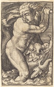 Käänteinen kopio "Sea-God to the Left Rading on a Dolphin" tekijältä after Barthel Beham