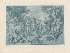 Musiikkikilpailu Apollon ja Panin välillä tekijältä after Bartholomaeus Spranger Andrea Scacciati
