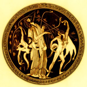 Dionysos ja satyyrit, kuvitus J. E. Harrisonin ja D. S. MacCollin kreikkalaisesta maljamaalauksesta, julkaistu 1894 (digitaalisesti paranneltu kuva)