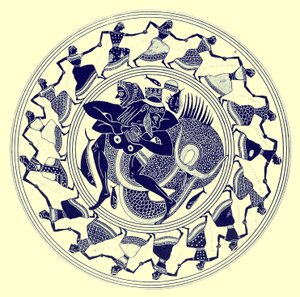 Herakles paini Tritonin kanssa, kuvitus J. E. Harrisonin ja D. S. MacCollin kreikkalaisesta maljamaalauksesta, julkaistu 1894 (digitaalisesti paranneltu kuva)