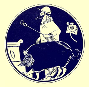 Hermes ja naamioitunut koira, kuvitus J. E. Harrisonin ja D. S. MacCollin kreikkalaisesta maljamaalauksesta, julkaistu 1894 (digitaalisesti paranneltu kuva)