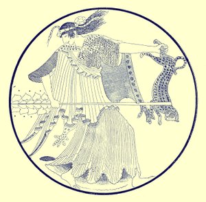 Maenad, kuvitus J. E. Harrisonin ja D. S. MacCollin kreikkalaisesta maljamaalauksesta, julkaistu 1894 (digitaalisesti paranneltu kuva)