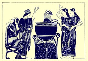 Medea Boiling the Ram, kuvitus J. E. Harrisonin ja D. S. MacCollin kreikkalaisesta maljamaalauksesta, julkaistu 1894 (digitaalisesti paranneltu kuva)